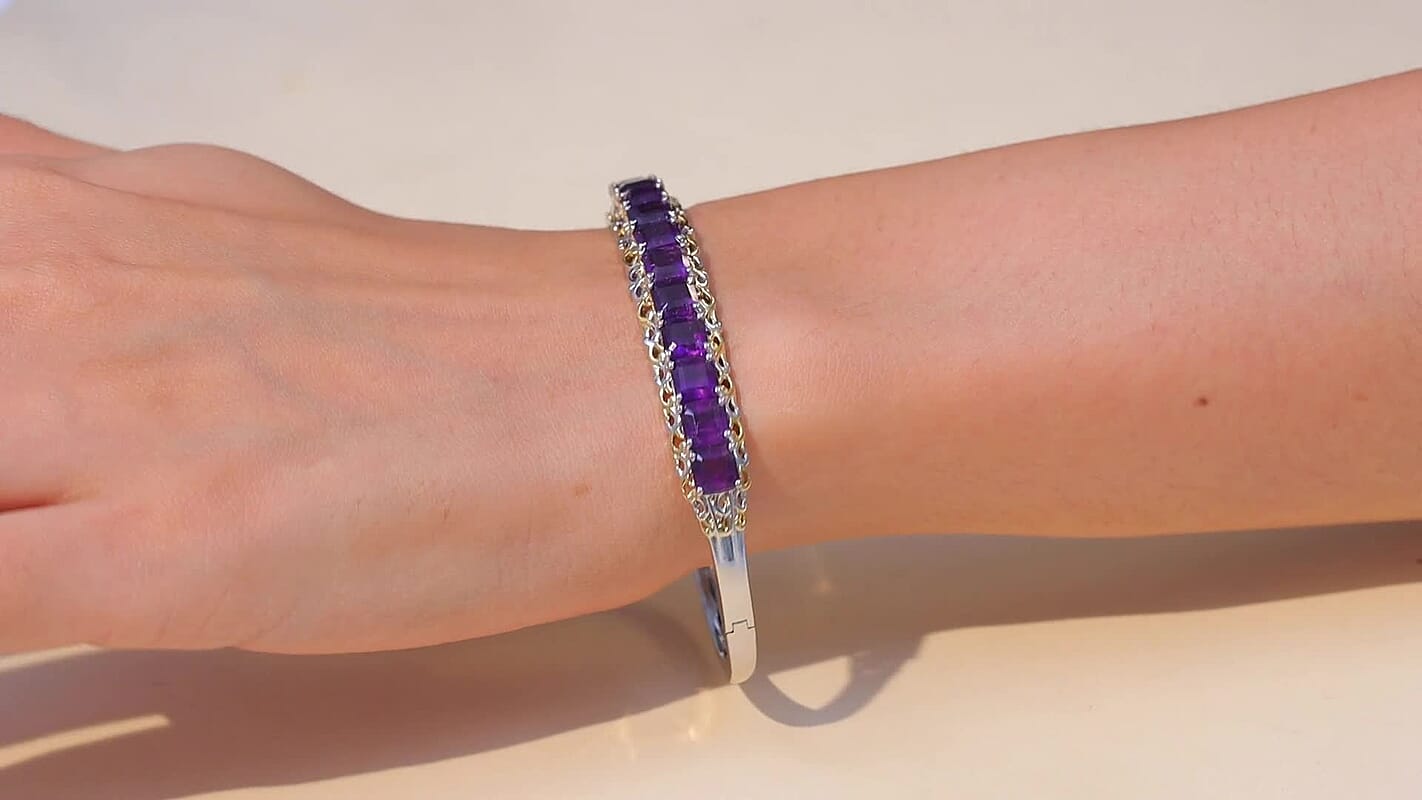 EverTrue African Amethyst Bangle Bracelet in 18K YG Plated and Platinum Bond (7.25 In) 11.90 ctw