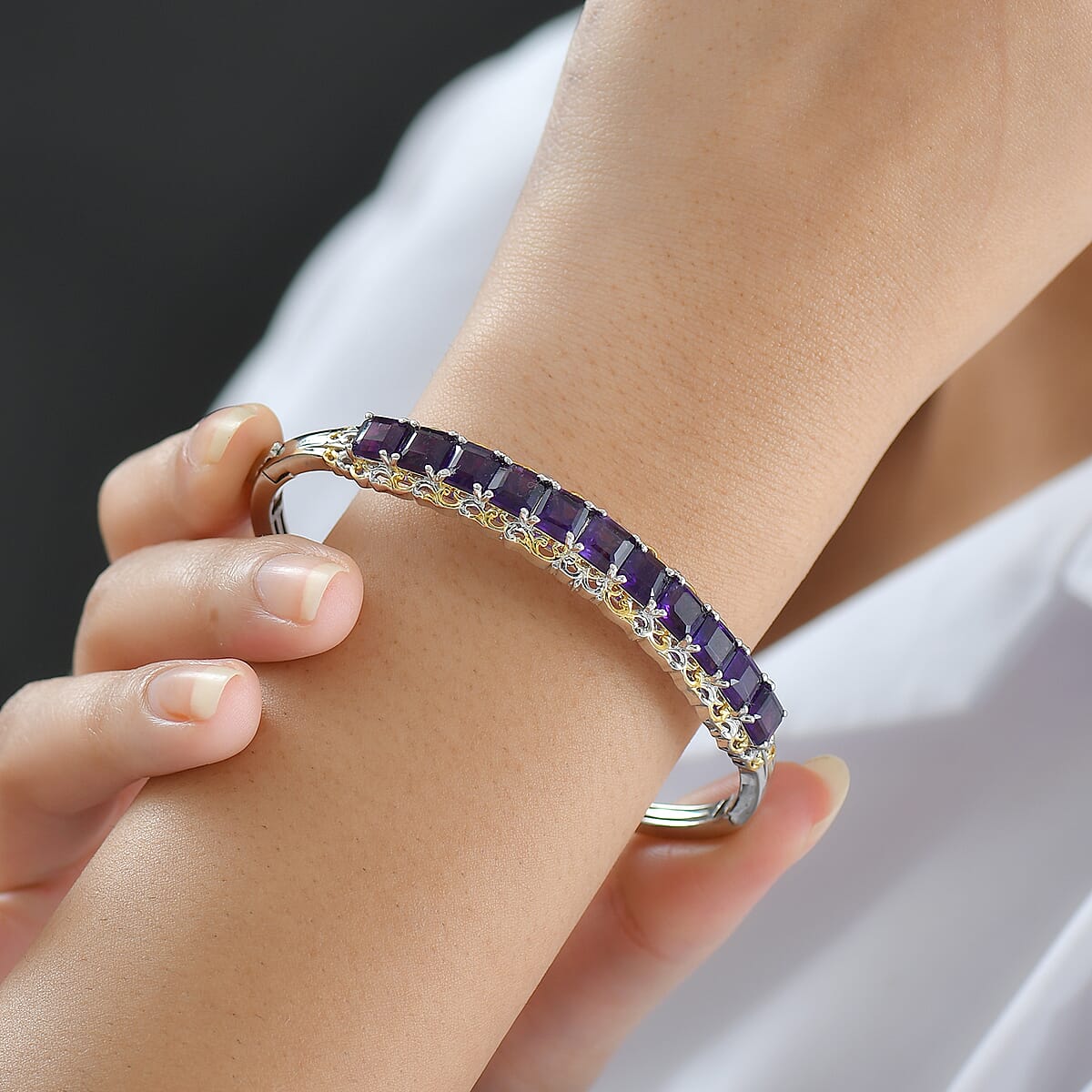 Doorbuster EverTrue African Amethyst 11.90 ctw Bangle Bracelet in 18K YG Plated and Platinum Bond (7.25 In) image number 2