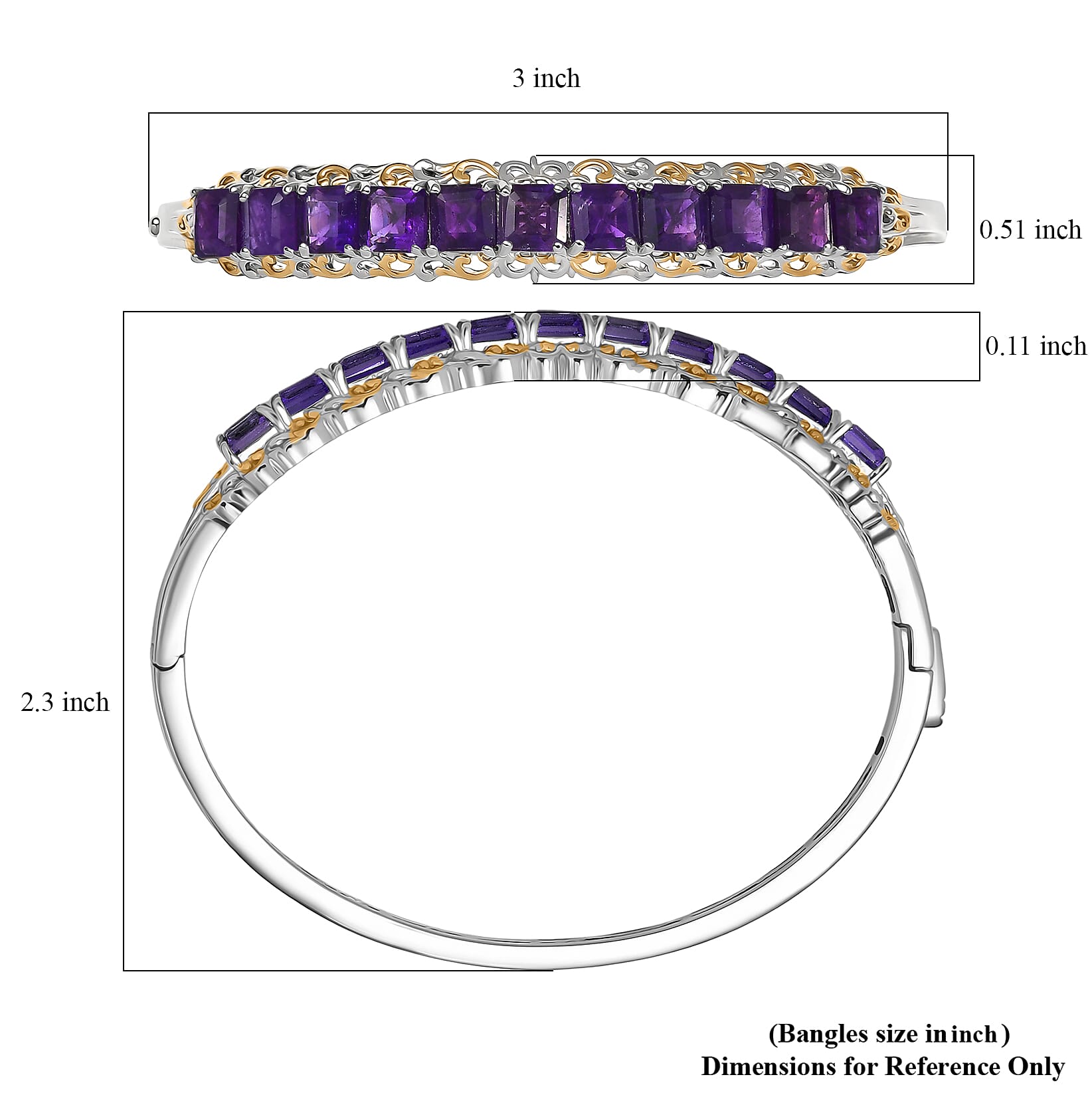 EverTrue African Amethyst 11.90 ctw Art Nouveau Bangle Bracelet in 18K YG Plated and Platinum Bond (7.25 In)