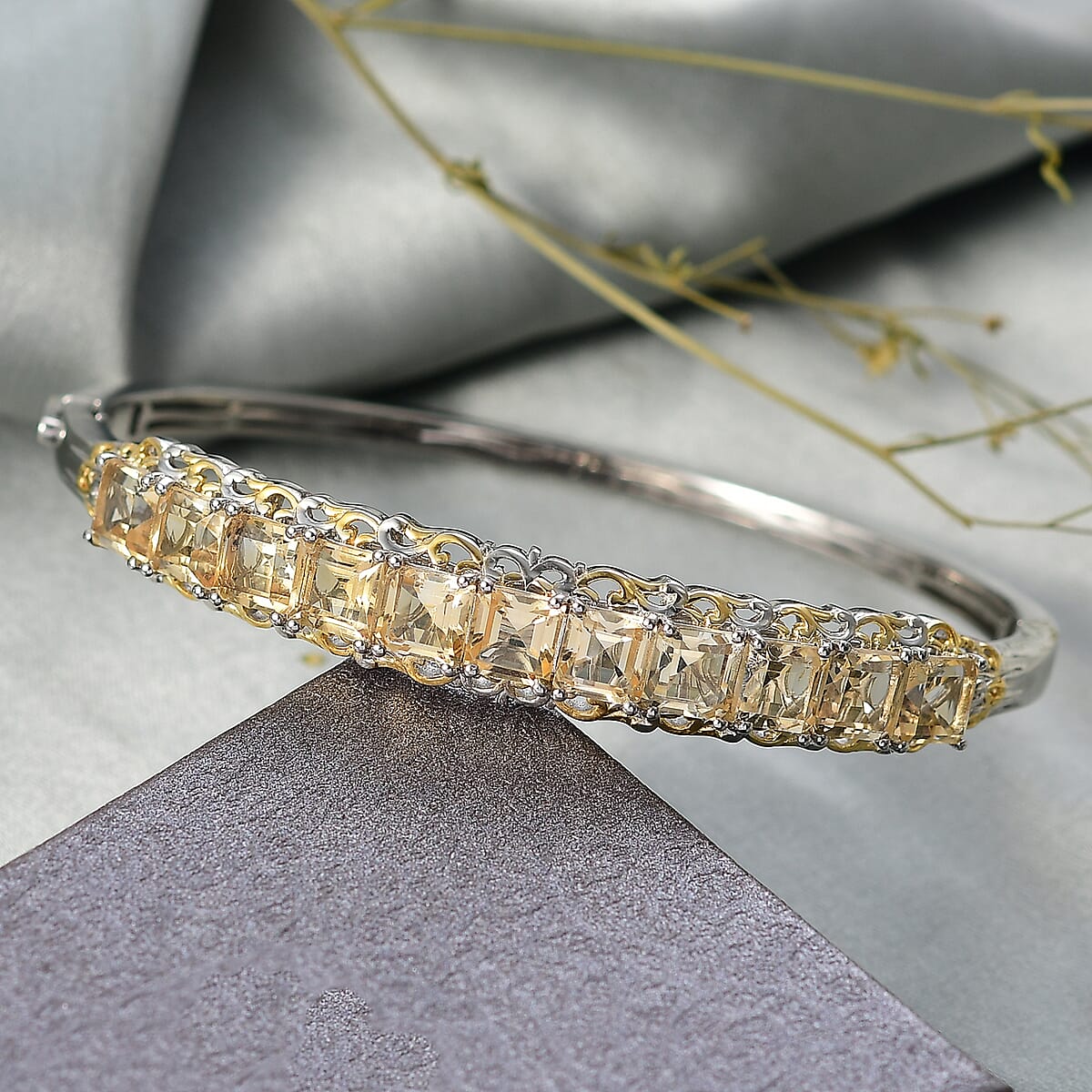 Doorbuster EverTrue Brazilian Citrine 12.60 ctw Bangle Bracelet in 18K YG Plated and Platinum Bond (7.25 In) image number 1