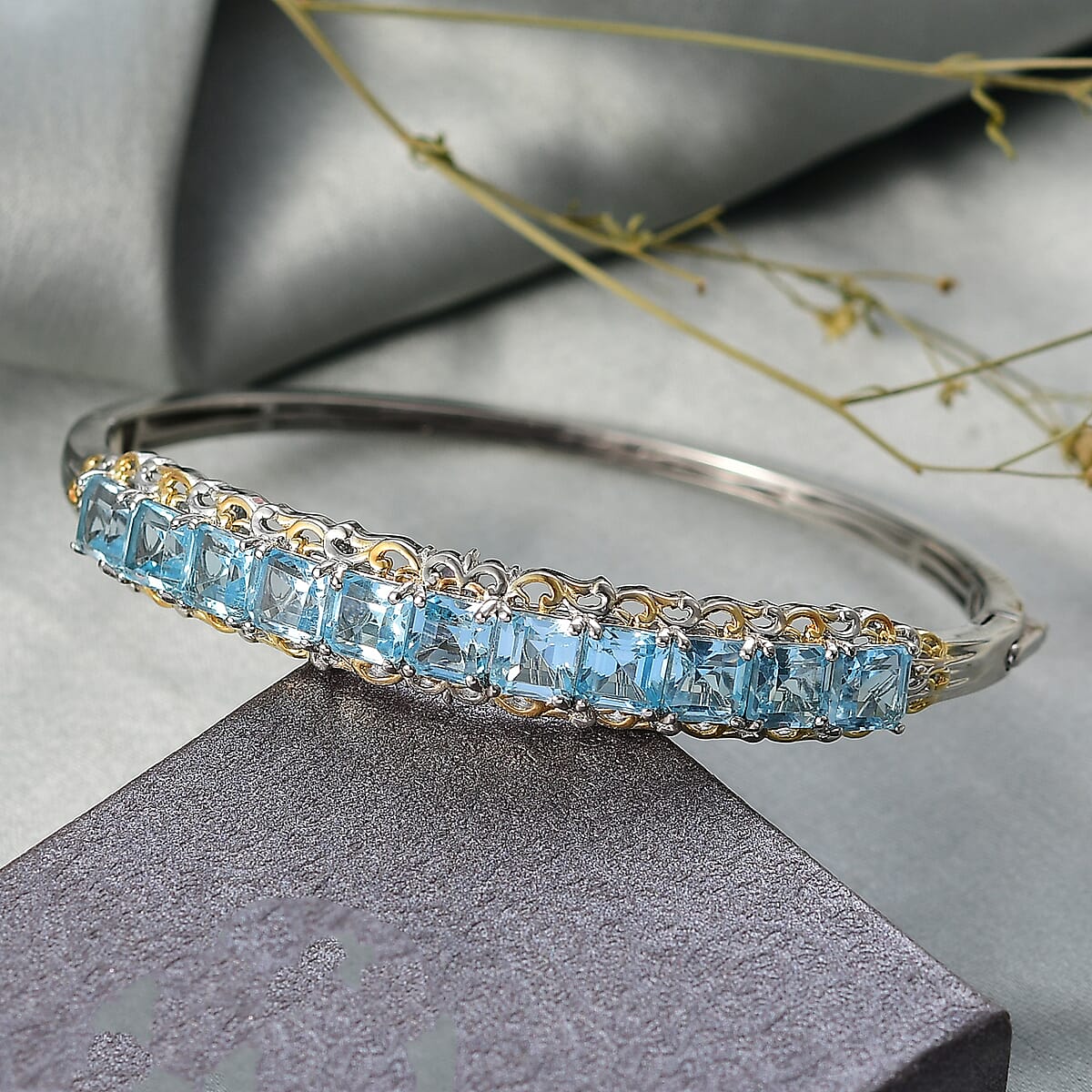 EverTrue Sky Blue Topaz 15.90 ctw Bangle Bracelet in 18K YG Plated and Platinum Bond (7.25 In) image number 1