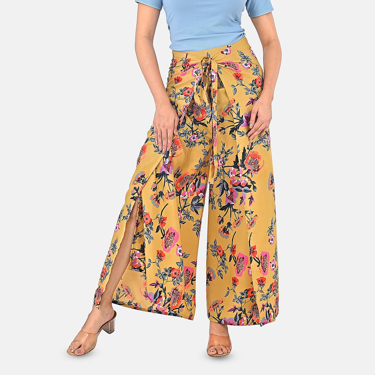 Beige Floral Printed Boho Wrap Pants - One Size Fits Most image number 3