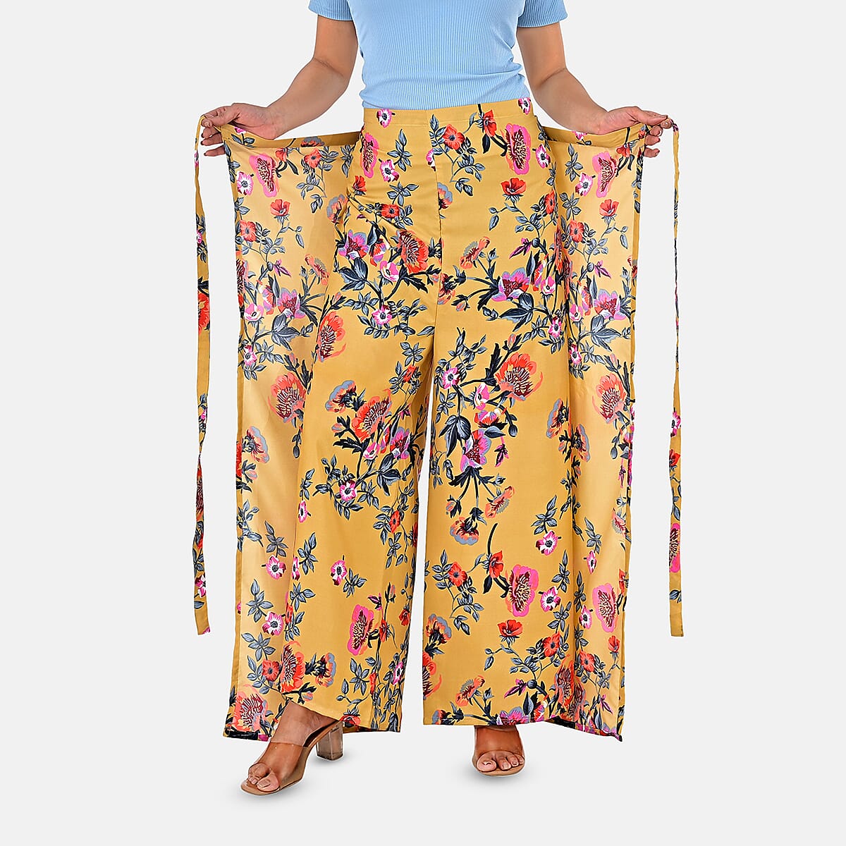 Beige Floral Printed Boho Wrap Pants - One Size Fits Most image number 8