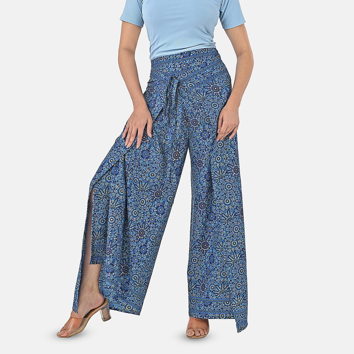 Blue Mandala Printed Boho Wrap Pants - One Size Fits Most image number 3