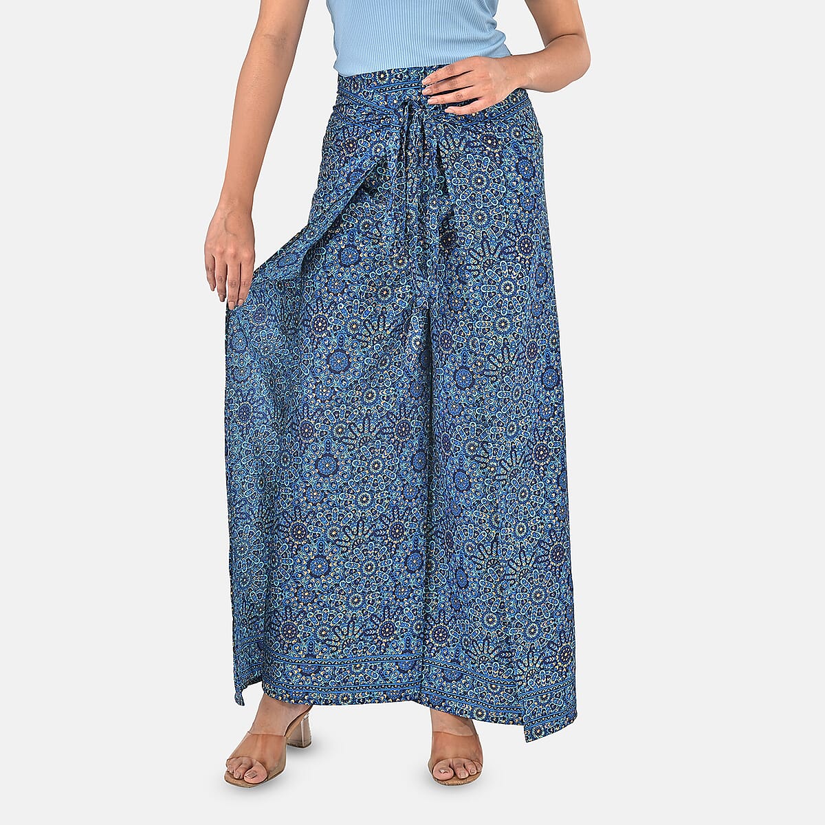 Blue Mandala Printed Boho Wrap Pants - One Size Fits Most image number 4