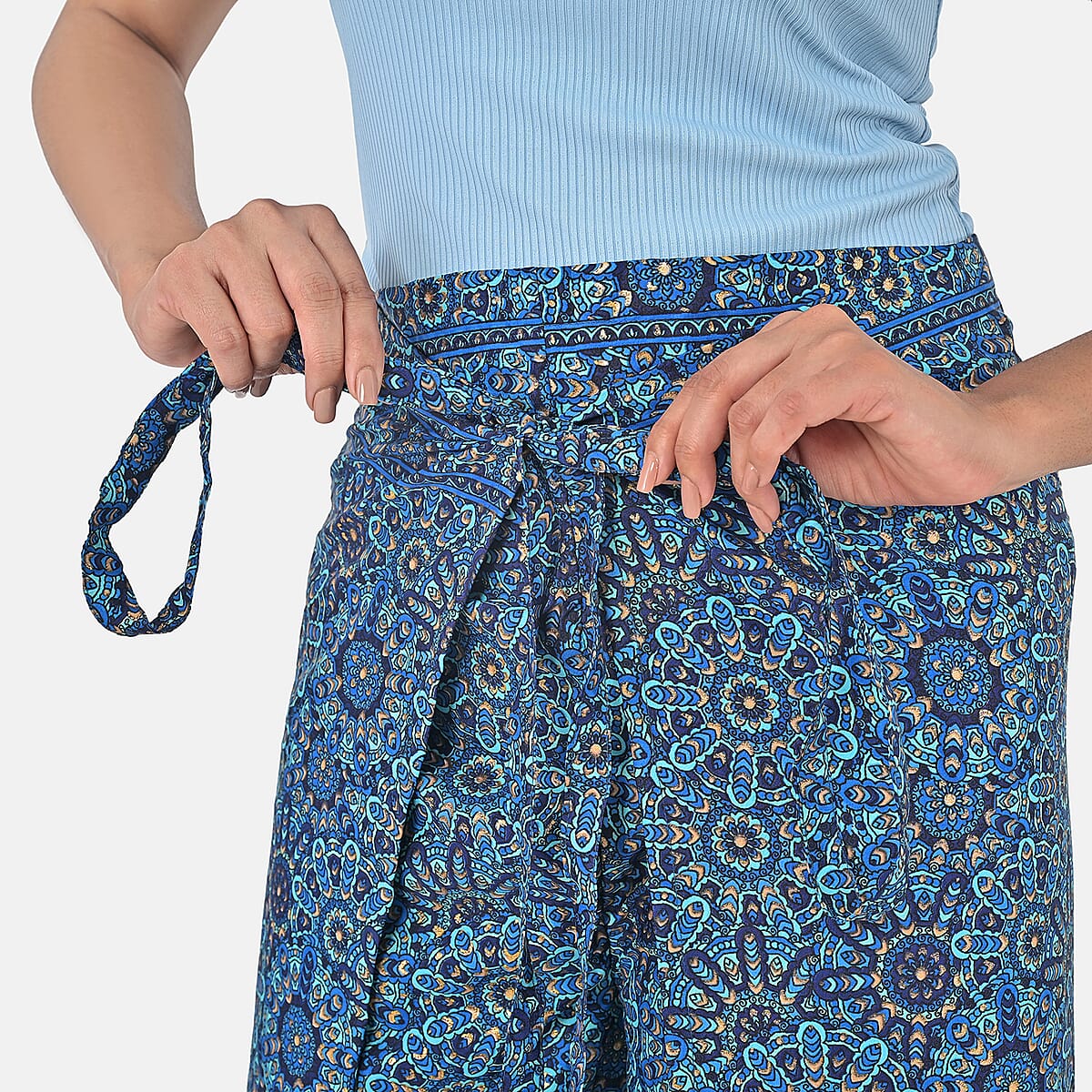 Blue Mandala Printed Boho Wrap Pants - One Size Fits Most image number 7