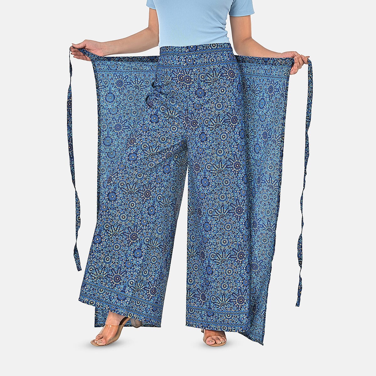 Blue Mandala Printed Boho Wrap Pants - One Size Fits Most image number 8