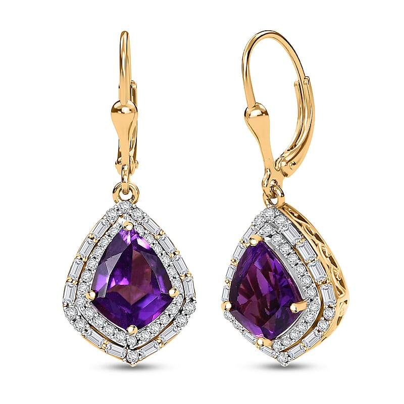 D'Joy AAA Lusaka Amethyst and Moissanite 6.10 ctw Shield Earrings in 18K Vermeil Yellow Gold Over Sterling Silver