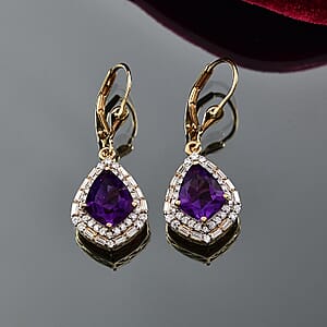 Epic Deal D'Joy AAA Lusaka Amethyst and Moissanite 6.10 ctw Shield Earrings in 18K Vermeil Yellow Gold Over Sterling Silver