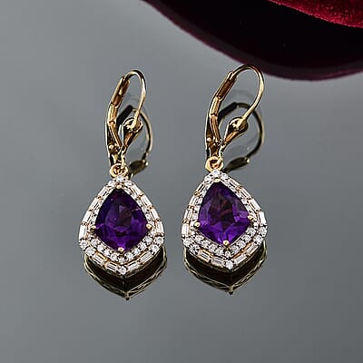 D'Joy AAA Lusaka Amethyst and Moissanite 6.10 ctw Shield Earrings in 18K Vermeil Yellow Gold Over Sterling Silver