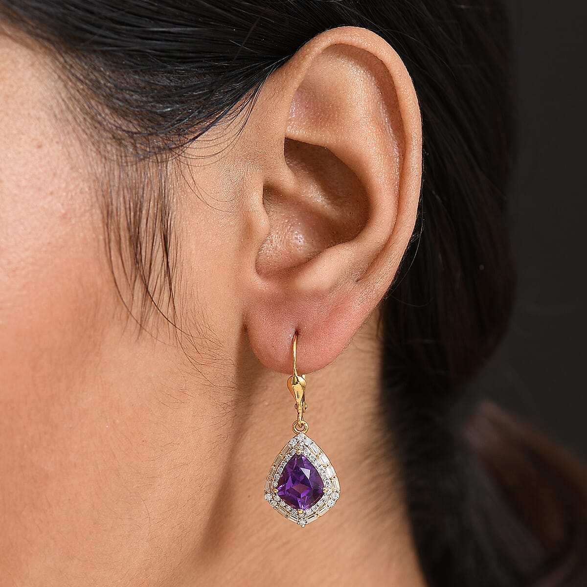 Epic Deal D'Joy AAA Lusaka Amethyst and Moissanite 6.10 ctw Shield Earrings in 18K Vermeil Yellow Gold Over Sterling Silver image number 2