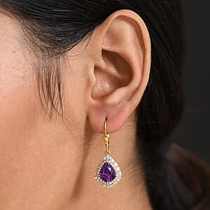 Epic Deal D'Joy AAA Lusaka Amethyst and Moissanite 6.10 ctw Shield Earrings in 18K Vermeil Yellow Gold Over Sterling Silver