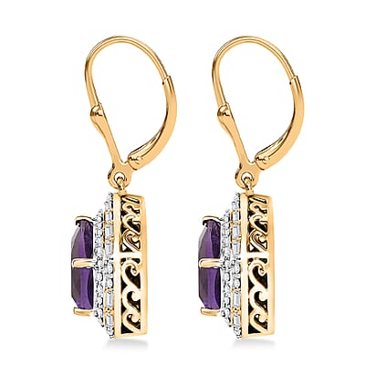 D'Joy AAA Lusaka Amethyst and Moissanite 6.10 ctw Shield Earrings in 18K Vermeil Yellow Gold Over Sterling Silver