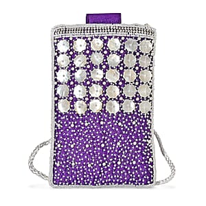 TAMSY Purple Genuine Leather Bead Work Dupion Silk Crossbody Bag