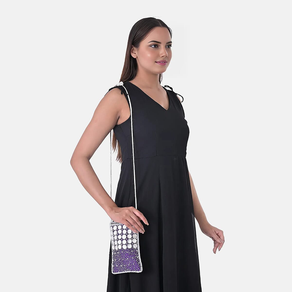 TAMSY Purple Genuine Leather Bead Work Dupion Silk Crossbody Bag image number 2