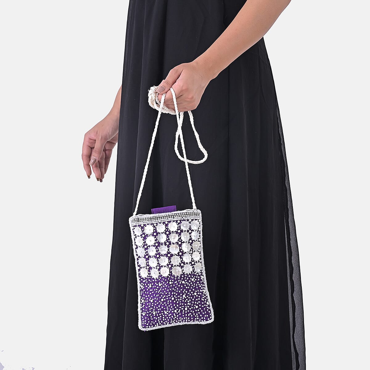 TAMSY Purple Genuine Leather Bead Work Dupion Silk Crossbody Bag image number 4