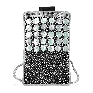 TAMSY Black Genuine Leather Bead Work Dupion Silk Crossbody Bag