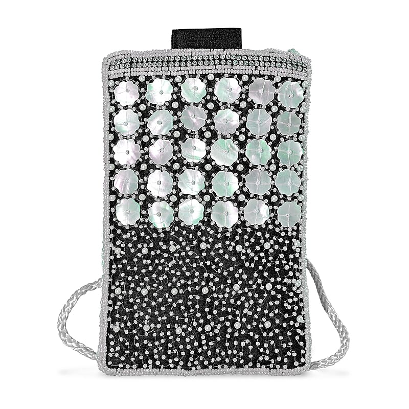 TAMSY Black Bead Work Dupion Silk Crossbody Bag