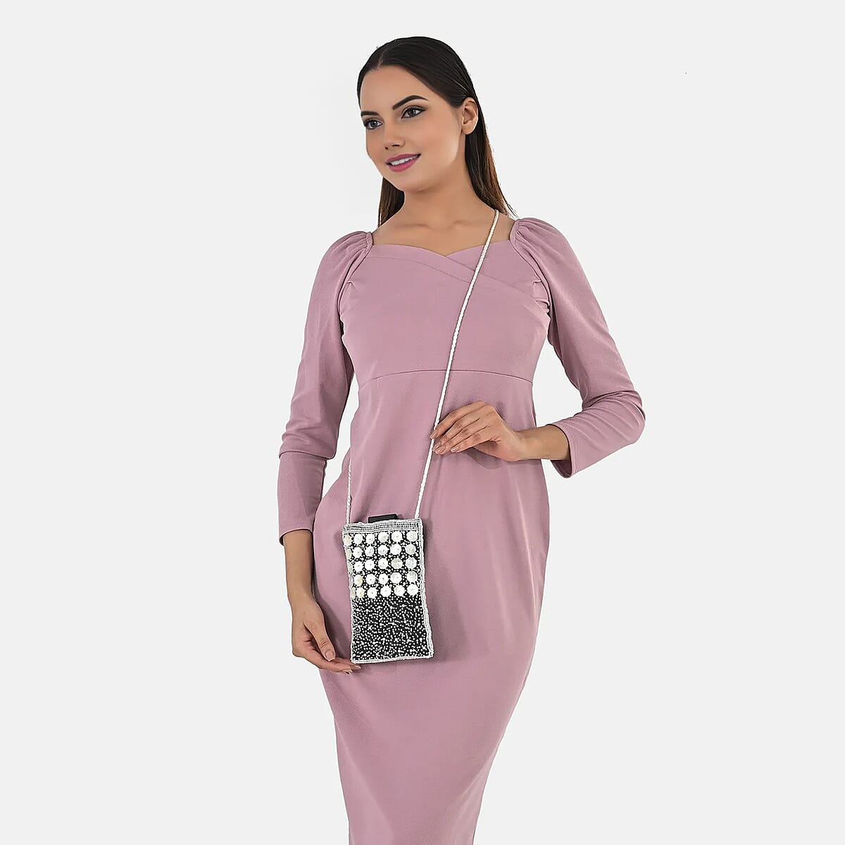 TAMSY Black Genuine Leather Bead Work Dupion Silk Crossbody Bag image number 2