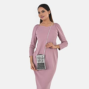 TAMSY Black Genuine Leather Bead Work Dupion Silk Crossbody Bag