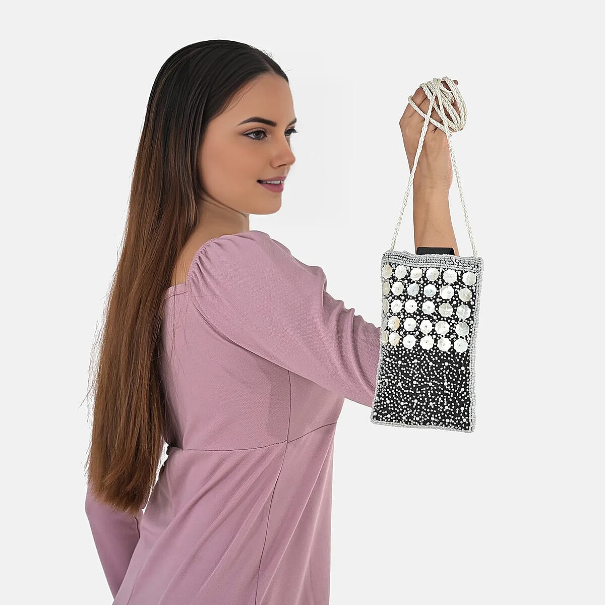 TAMSY Black Genuine Leather Bead Work Dupion Silk Crossbody Bag image number 4