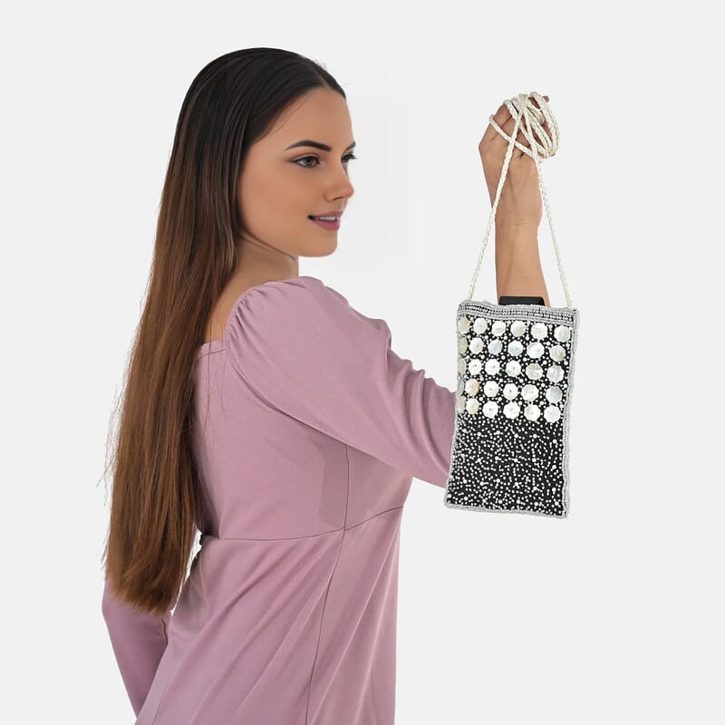 TAMSY Black Bead Work Dupion Silk Crossbody Bag