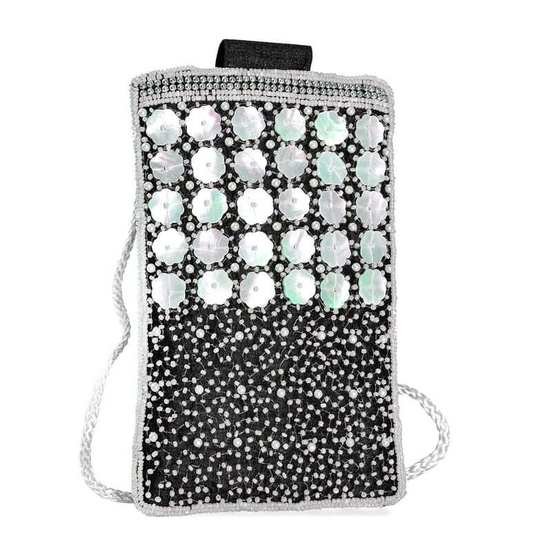 TAMSY Black Bead Work Dupion Silk Crossbody Bag