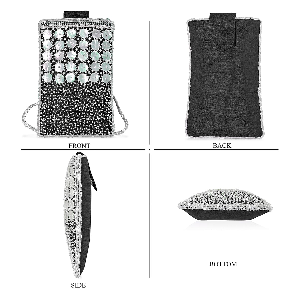 TAMSY Black Genuine Leather Bead Work Dupion Silk Crossbody Bag image number 6