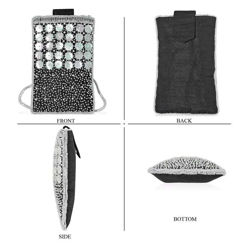 TAMSY Black Bead Work Dupion Silk Crossbody Bag