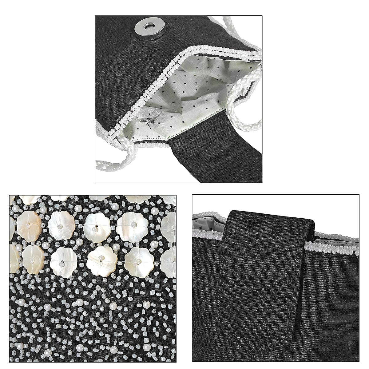 TAMSY Black Genuine Leather Bead Work Dupion Silk Crossbody Bag image number 7