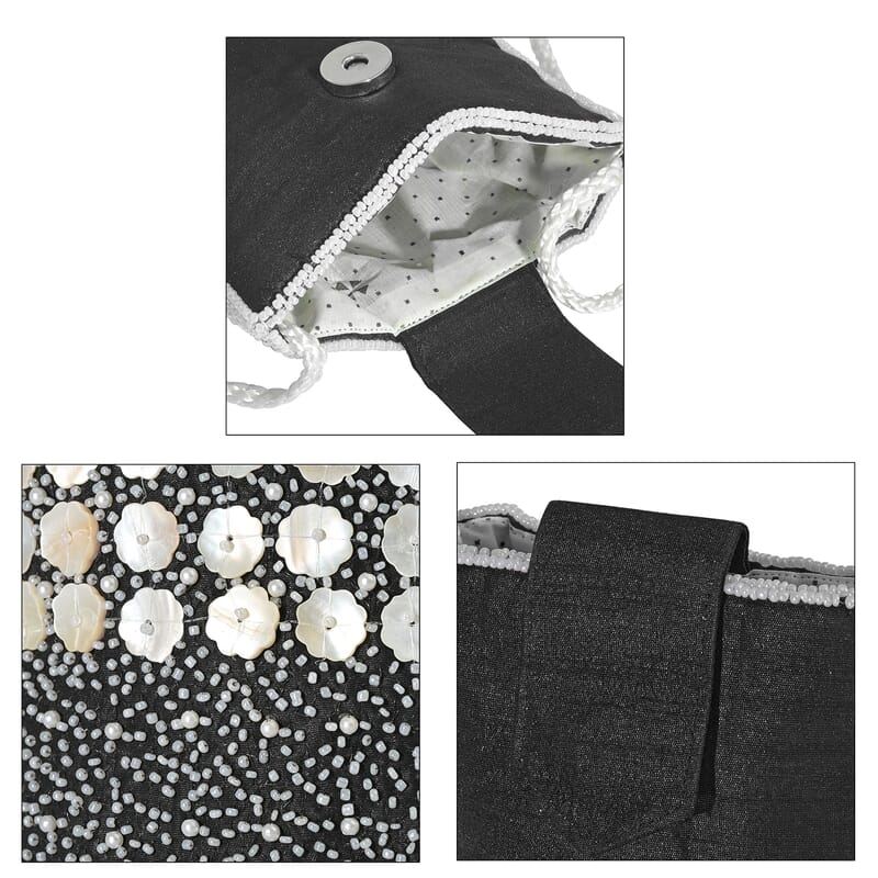 TAMSY Black Bead Work Dupion Silk Crossbody Bag
