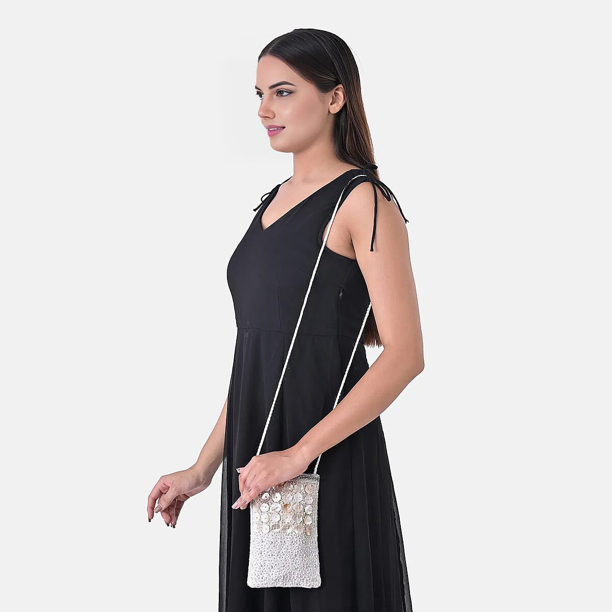 TAMSY Off White Genuine Leather Bead Work Dupion Silk Crossbody Bag image number 2