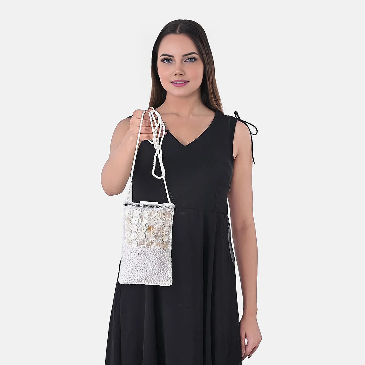 TAMSY Off White Genuine Leather Bead Work Dupion Silk Crossbody Bag image number 3