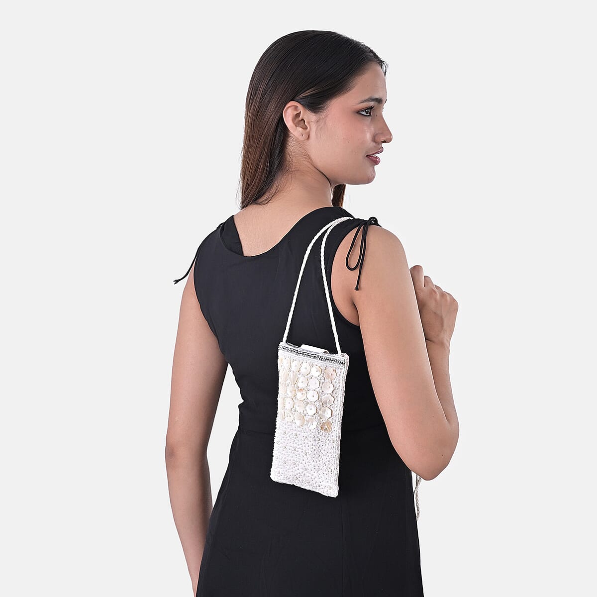 TAMSY Off White Genuine Leather Bead Work Dupion Silk Crossbody Bag image number 4