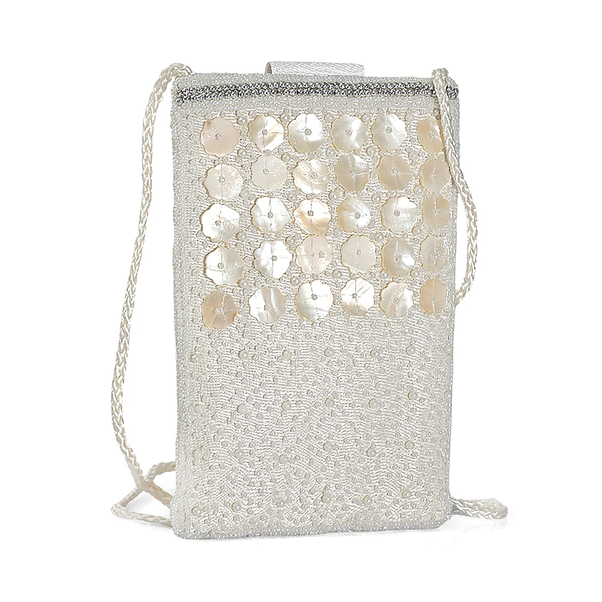 TAMSY Off White Genuine Leather Bead Work Dupion Silk Crossbody Bag image number 5