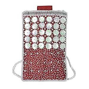 TAMSY Maroon Genuine Leather Bead Work Dupion Silk Crossbody Bag