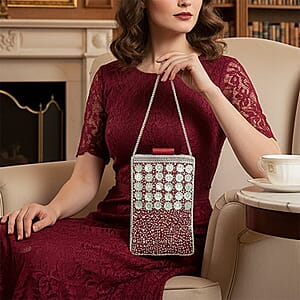 TAMSY Maroon Genuine Leather Bead Work Dupion Silk Crossbody Bag