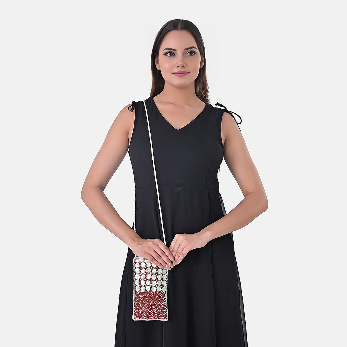 TAMSY Maroon Genuine Leather Bead Work Dupion Silk Crossbody Bag image number 2