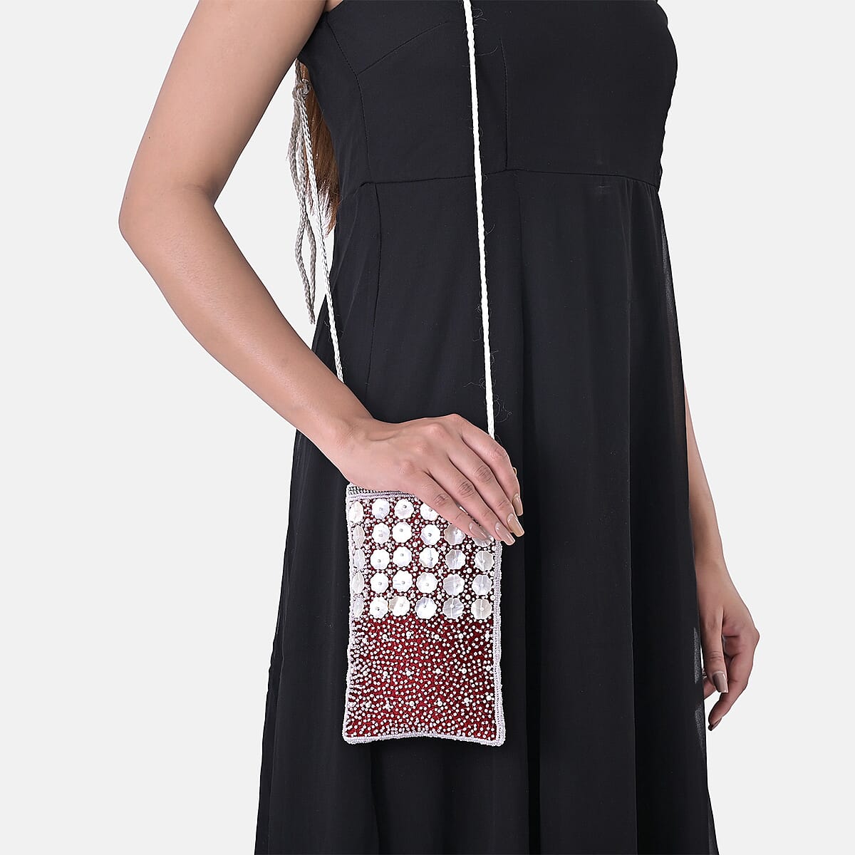 TAMSY Maroon Genuine Leather Bead Work Dupion Silk Crossbody Bag image number 3