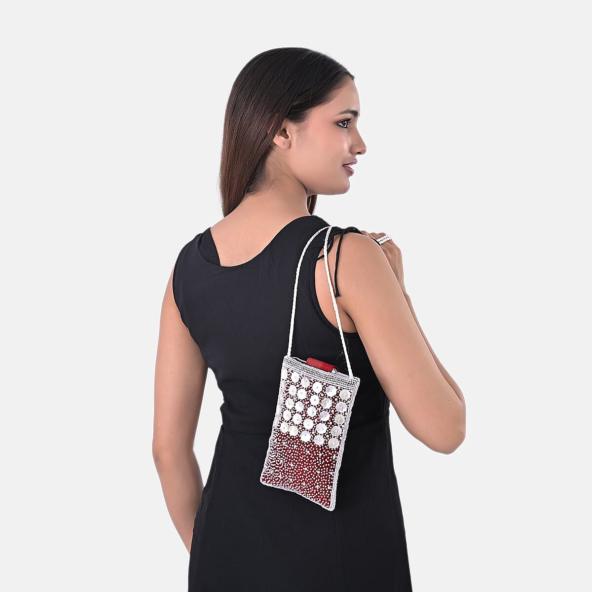 TAMSY Maroon Genuine Leather Bead Work Dupion Silk Crossbody Bag image number 4