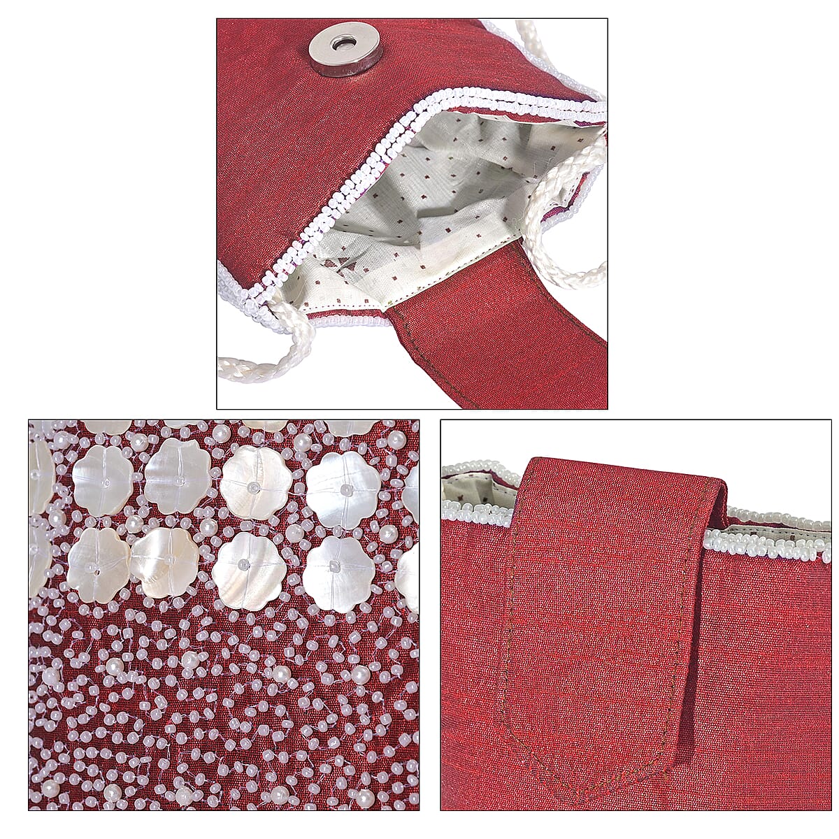 TAMSY Maroon Genuine Leather Bead Work Dupion Silk Crossbody Bag image number 7