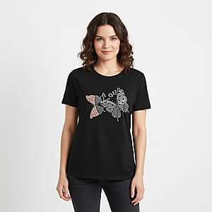 Doorbuster Tamsy Black Butterfly Design Short Sleeve Shirt - One Size Fits Up to XLarge