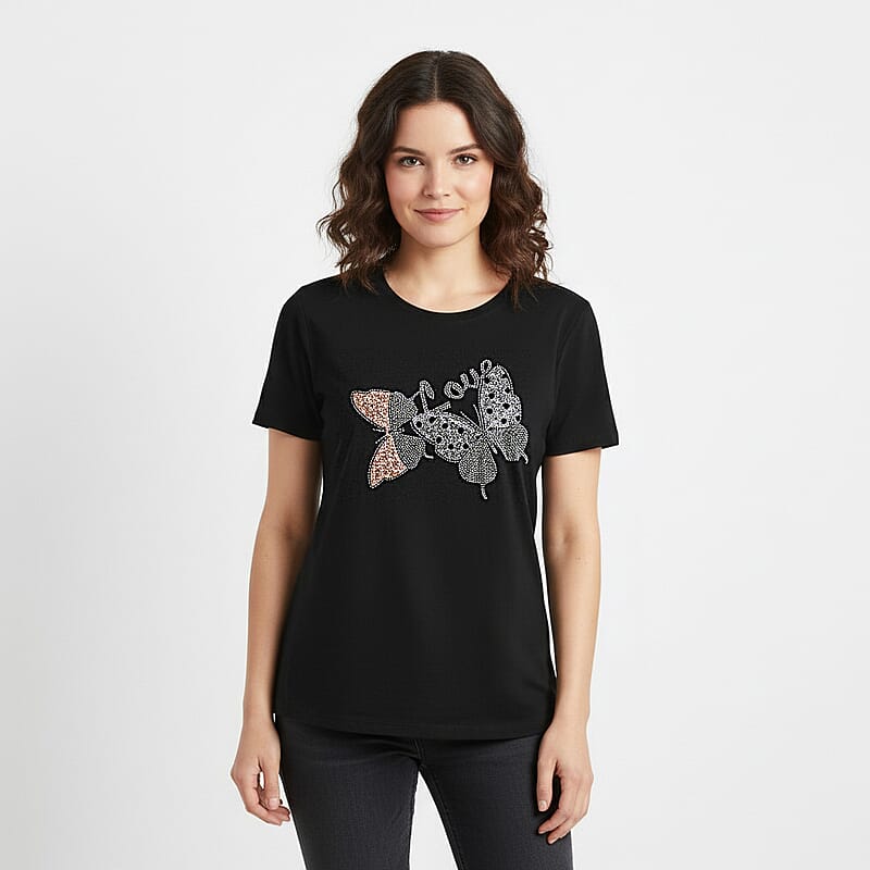 Tamsy Black Butterfly Design Short Sleeve Shirt - One Size Fits Up to XLarge