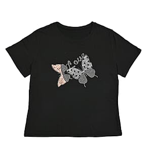  Tamsy Black Butterfly Design Short Sleeve Shirt - One Size Fits Up to XLarge