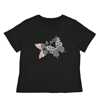 Tamsy Black Butterfly Design Short Sleeve Shirt - One Size Fits Up to XLarge