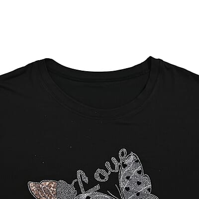 Tamsy Black Butterfly Design Short Sleeve Shirt - One Size Fits Up to XLarge