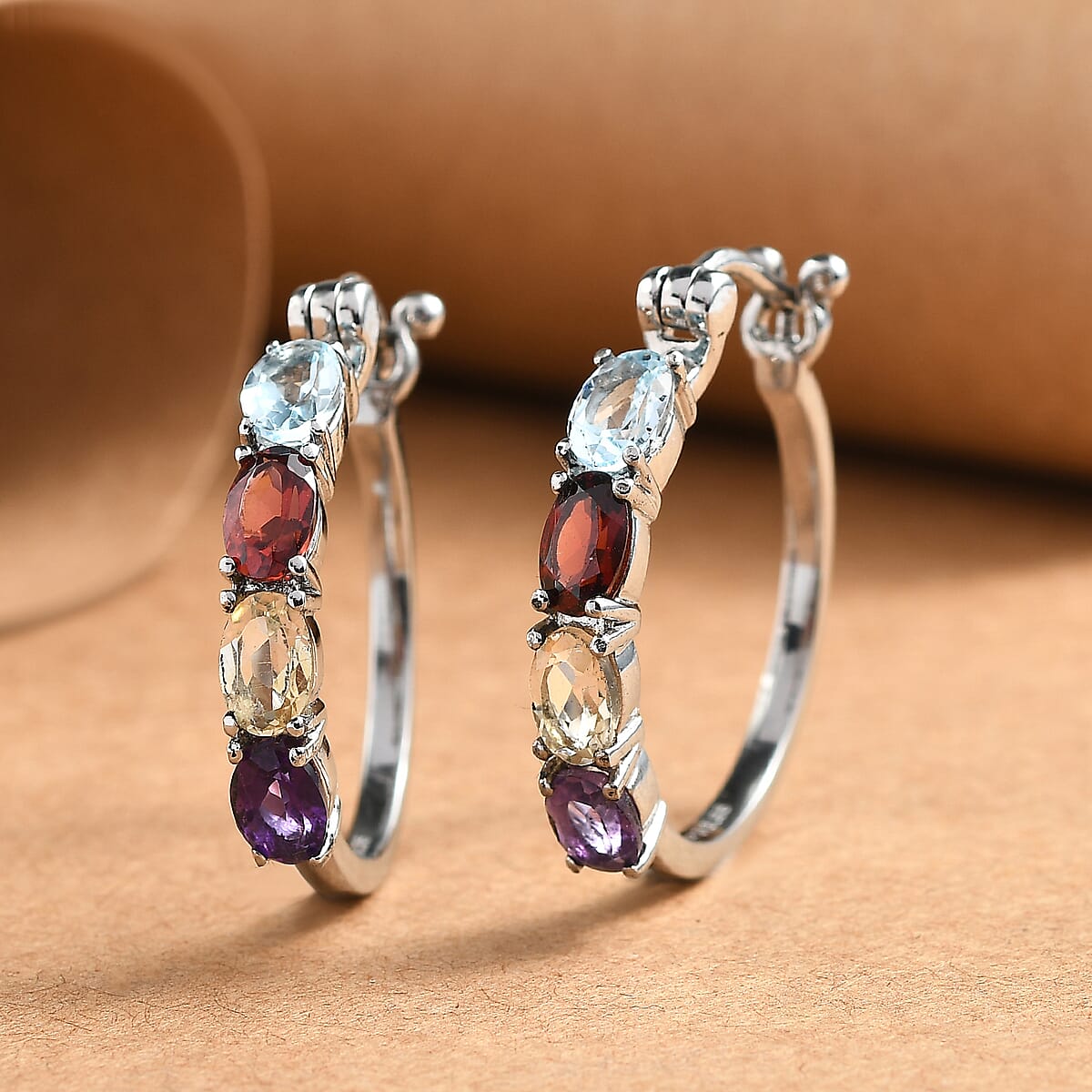 EverTrue Multi Gemstone 4.00 ctw Hoop Earrings in Stainless Steel  image number 1