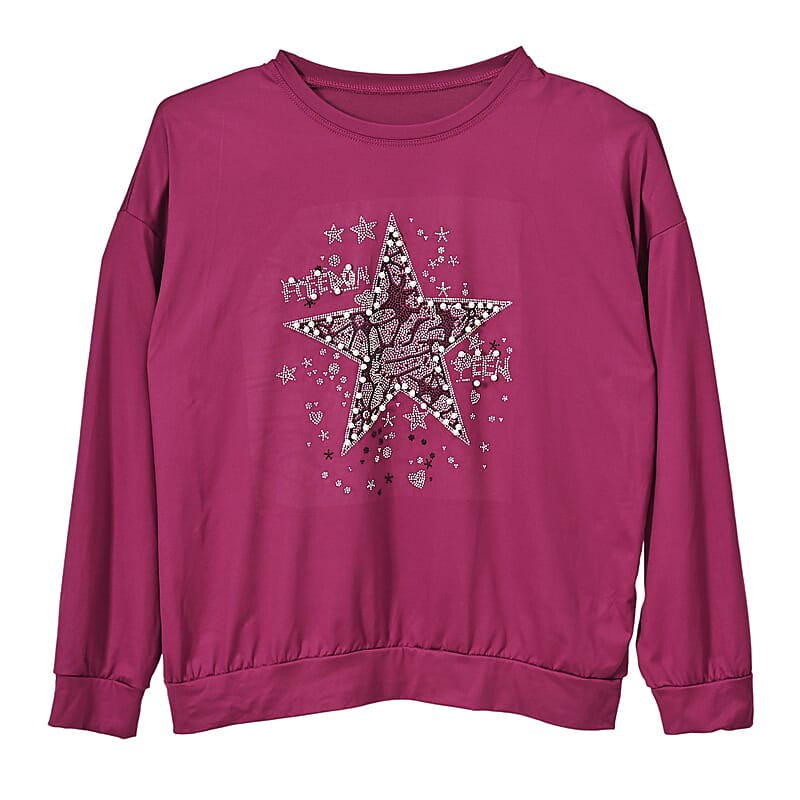 Tamsy Purple Bold Star Crystal Long Sleeve Top - One Size Fits Up to XLarge