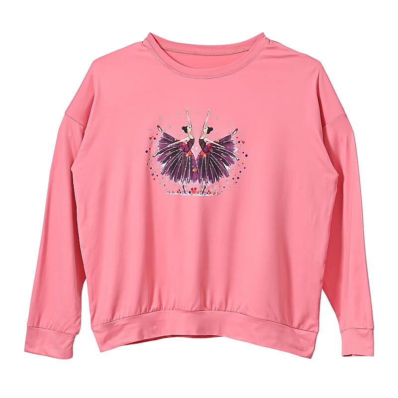 Tamsy Black Eye Catching Ballet Dancing Girls Crystal Long Sleeve Top - One Size Fits Up to XLarge