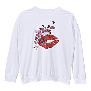  Tamsy White Eye Catching Lip Crystal Long Sleeve Top - One Size Fits Up to XLarge